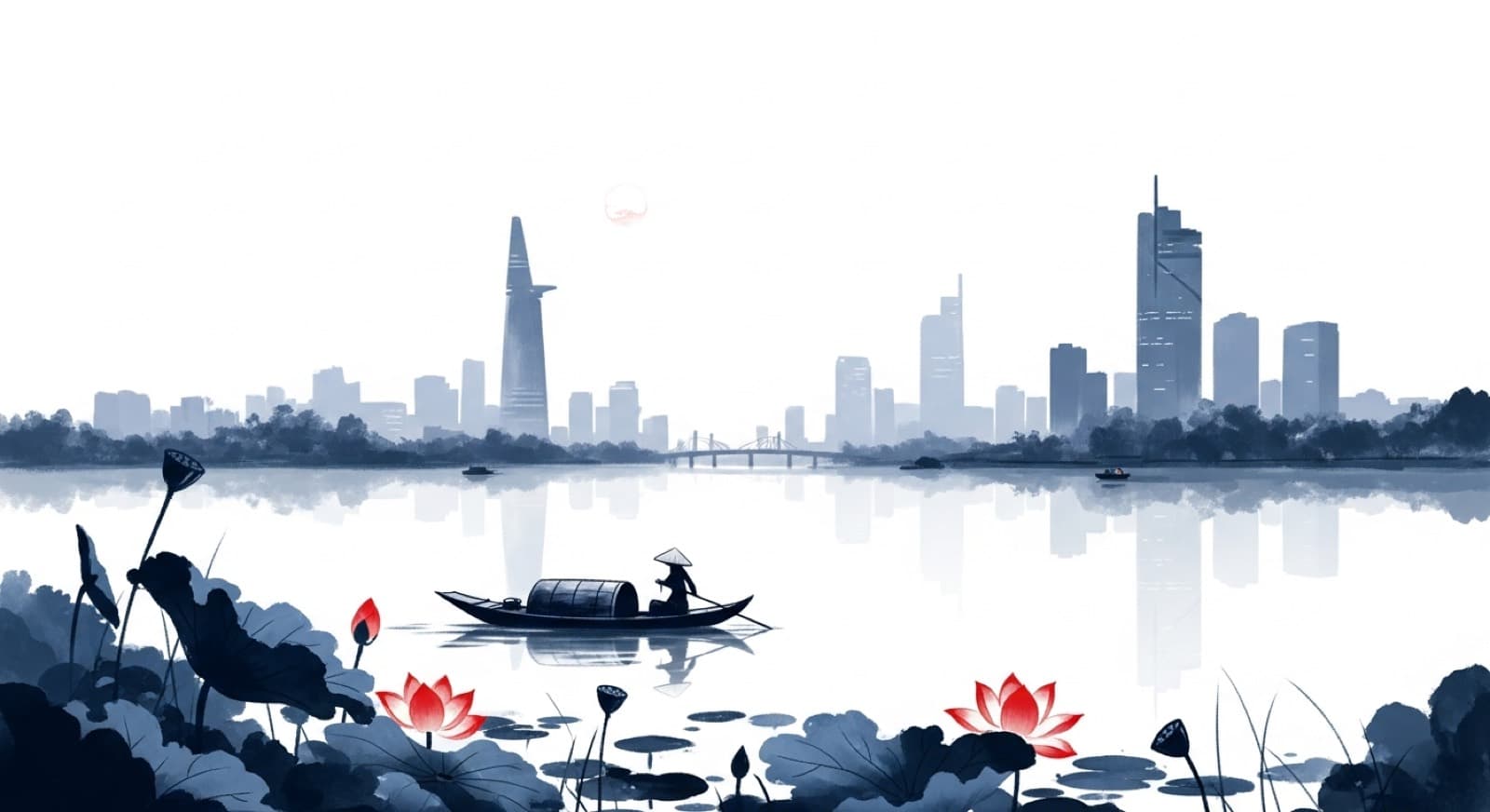 The Saigon riverside at first light, ink-wash